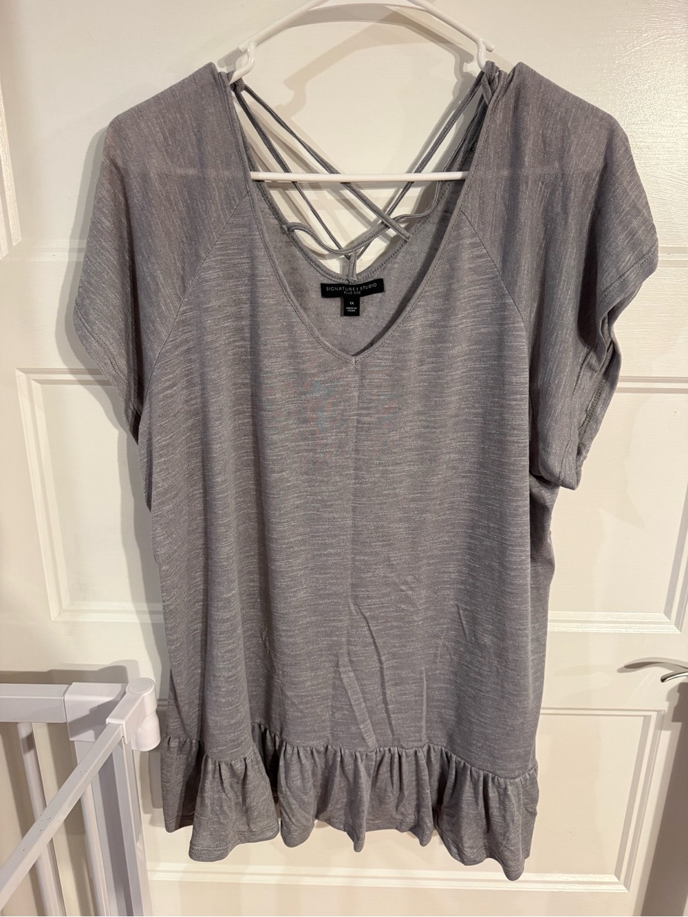 Signature Studio Light Gray V-Neck Tunic with Crisscross Back and Ruffle Hem